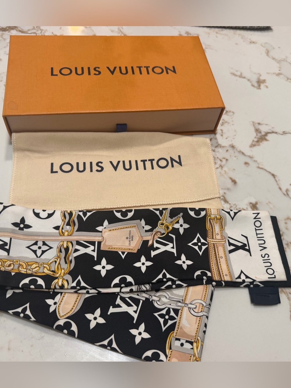 Louis Vuitton Black, White & Gold Monogram Chain Silk Twilly Scarf